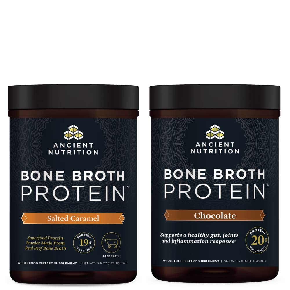 Ancient Nutrition Bone Broth Protein Powder, Salted Caramel, 20 portioner + Bone Broth Protein Powder, Chocolate, 20 portioner