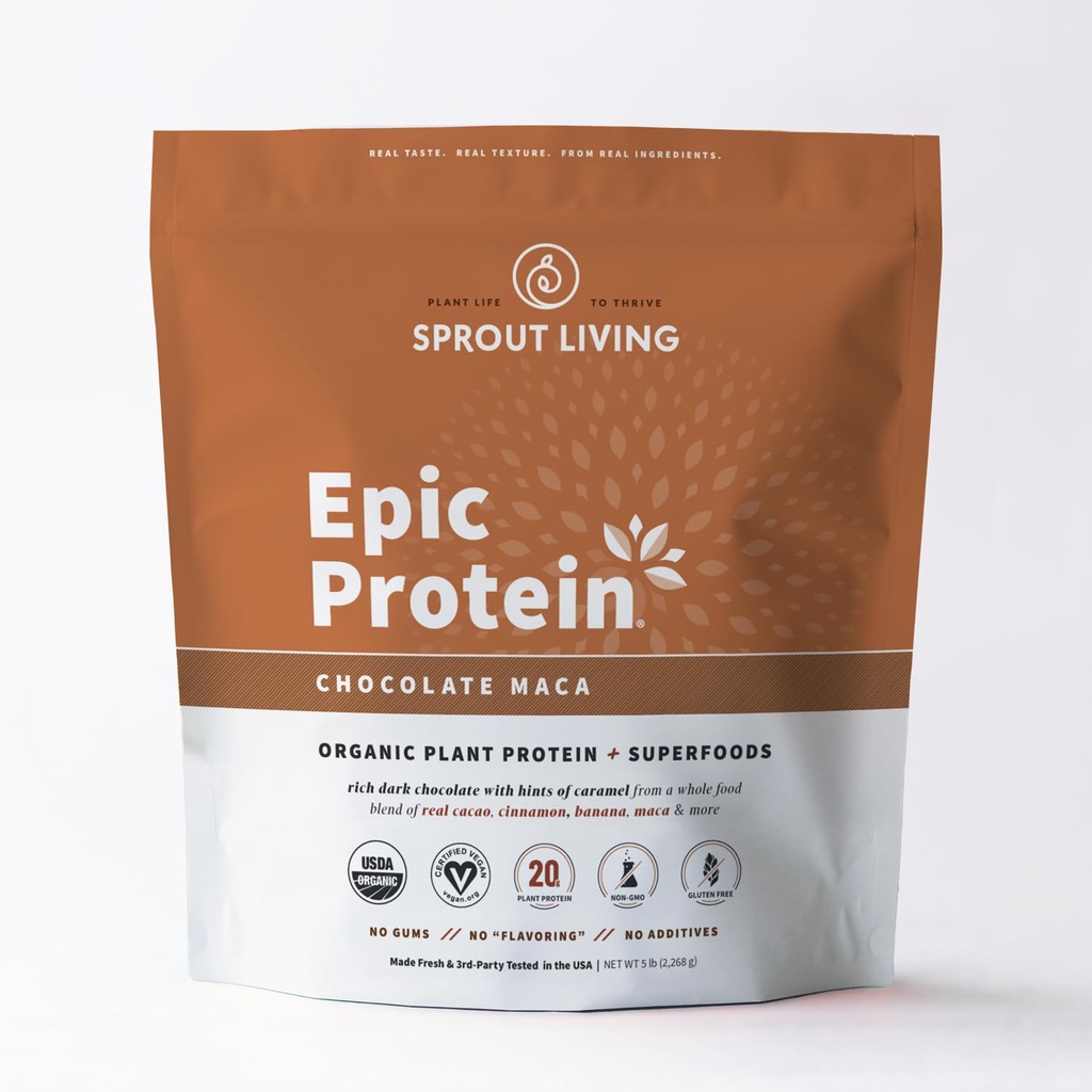 Sprout Living Epic Protein, Plant Based Protein & Superfoods Powder, Chocolate Maca Powder 20 Grams Organic Protein Powder, Vegan, Non Dairy, non-GMO, Gluteeniton, Matala sokeri (5 kiloa, 60 tarjoilua)