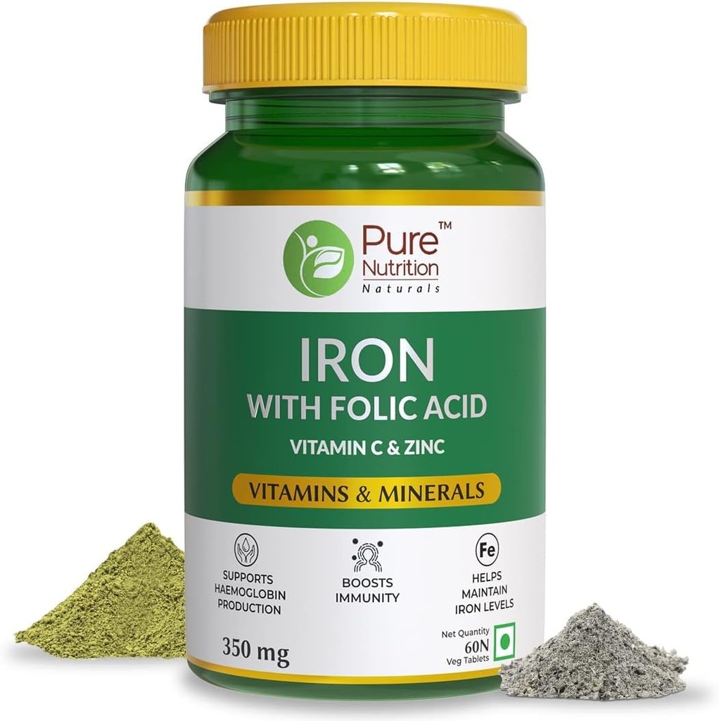 Naturals Iron med Folic Acid, Zink, Vitamin C & Vitamin B12 för Support Haemoglobin Production, Boost Immunity & Maintain Iron Level - 60 Veg Tablets