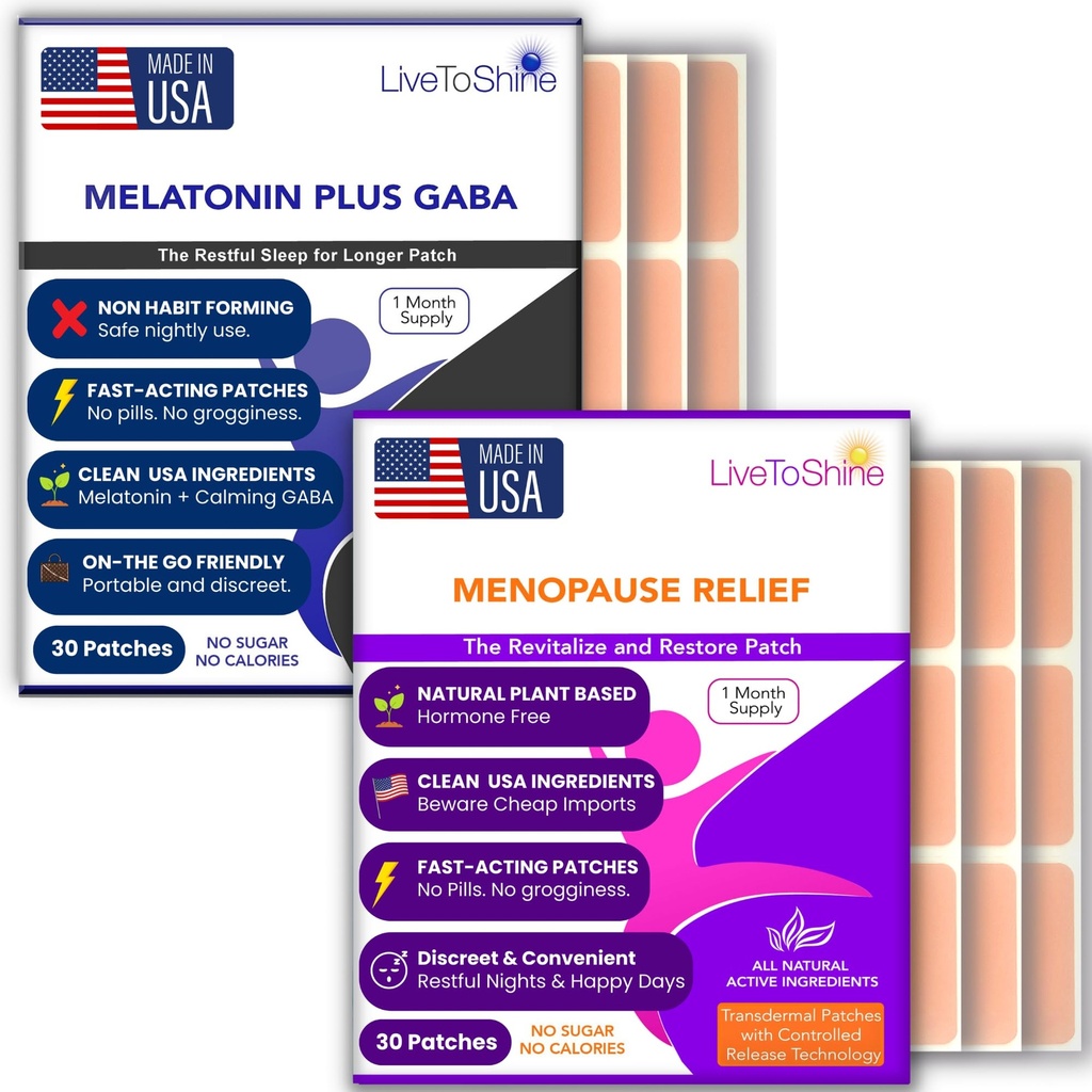 Vaihdevuodet Relief ja melatoniinin uni Patch Bundle - 2 pakkausta - Hot Flashs, Night Swats, Mood Swings Relief Plus Rentouttava uni Patchs - 30 päivän toimitus Per Pack (60 Patches) - USA Made by Live To Shine