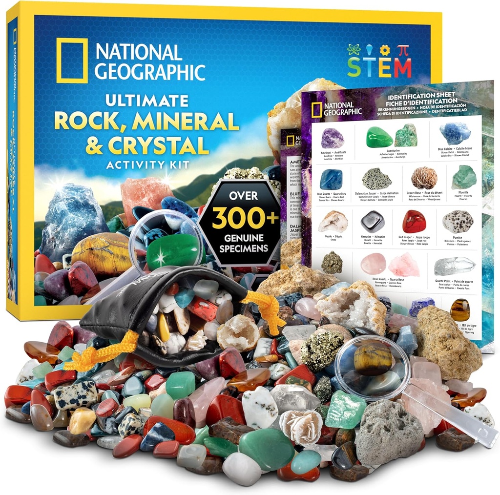 National Geographic Rock Collection Box lapsille 300+ Pala jalokivet ja kristallit Sarja sisältää Geodeja ja todellisia kristalleja, kiviä ja kivennäisaineita, Tiede Kit lapsille, Geologia lahja pojille ja tytöille