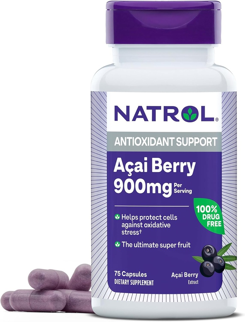 Natrol Acai Berry 900 mg per portion, kosttillskott för antioxidantstöd, 75 kapslar, 37 dagars leverans