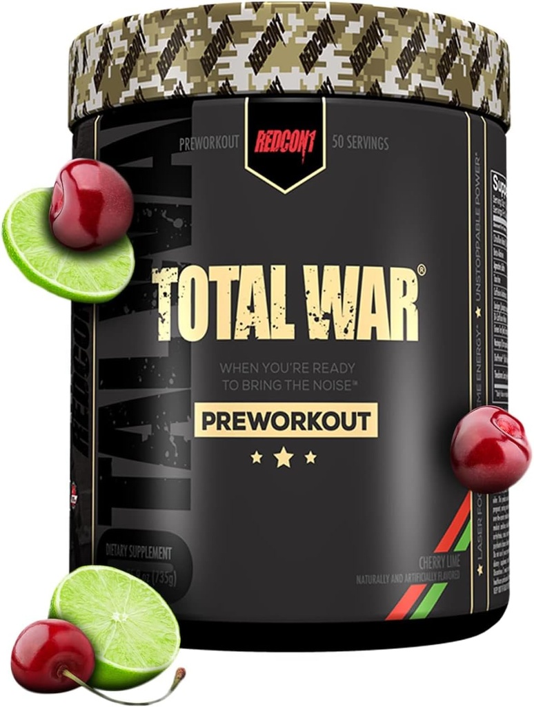 REDCON1 Total War Pre Treout, Cherry Lime - Beta Alanine + Citrulline Malate Vegan & Keto Friendly Preworkout miesten & naisten 320 mg kofeiini (50 tarjoilua)