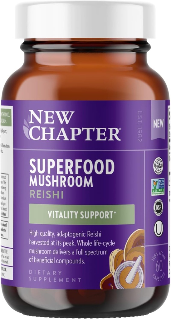 Uusi luku Superfood Reishi Sienikapselit ... Certified Organic USA-Grown 100% Vegaanisieni täydentää elinvoimaa * Ei-GMO, Certified Gluten Free, 60 ct