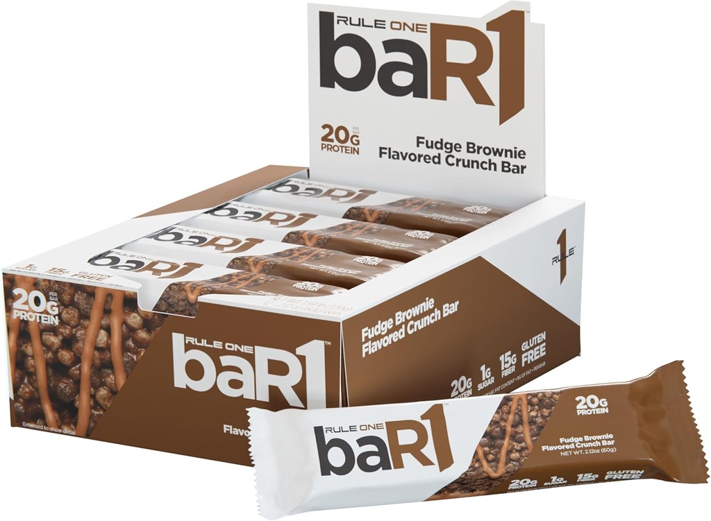 Sääntö 1 baar1 Crunch Bar - On-The-Go Convenient Protein Snack Bars 20g Premium Protein, luonnollisesti pakattu EAA / BCAAs, Nälkä-Filling kuitu (12 Count Box, Fudge Brownie)