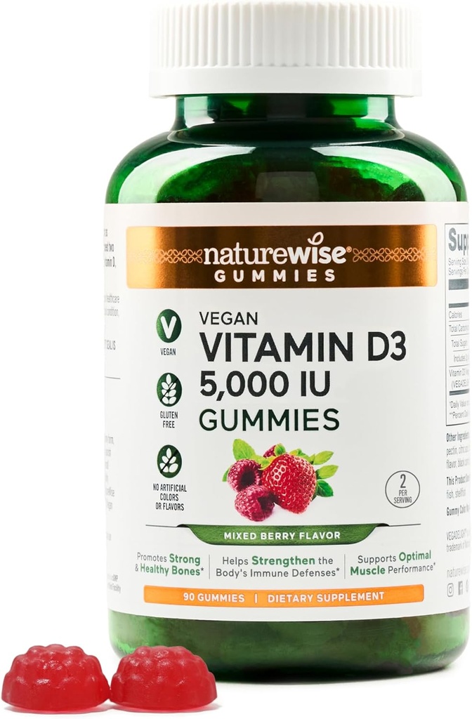 NatureWise Vitamin D3 5000 IU Gummies - Mixed Berry Flavor - Vegan D från Lichen, Pectin Based, Immune Support for Adults, Muscle & Bone Strength - Gluten Free, Non-GMO - 90 Count[45-Day Supply]