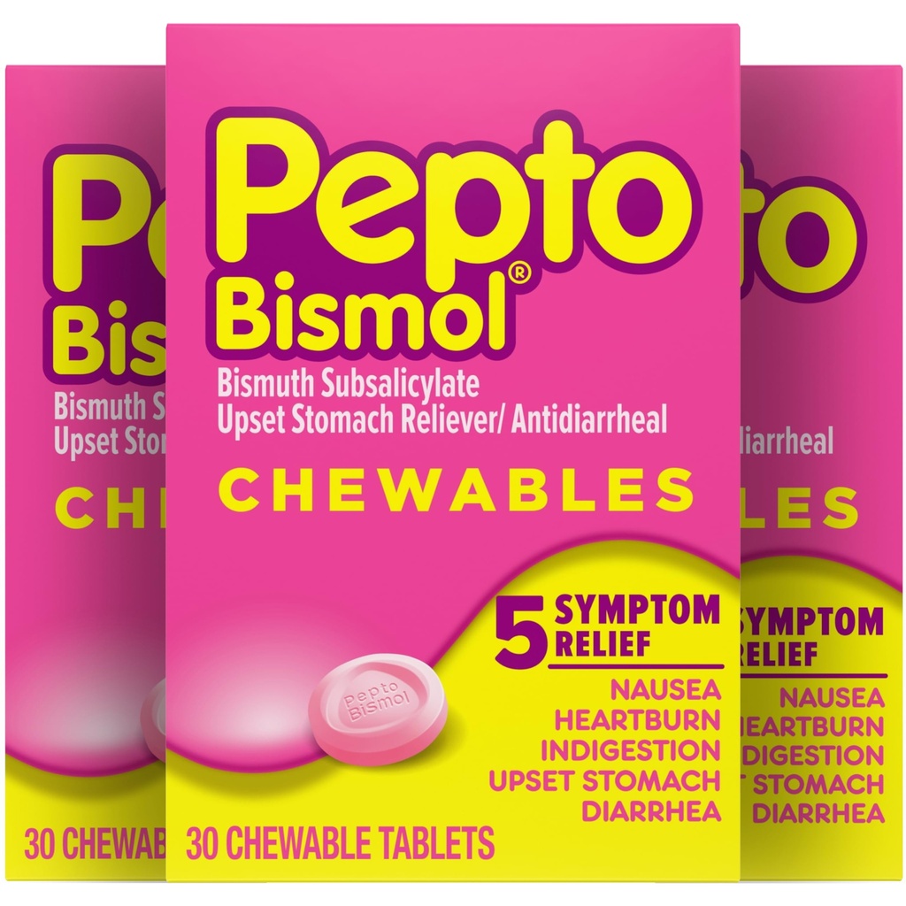 Pepto Bismol pureskeltavat tabletit pahoinvointiin, närästykseen, ruoansulatushäiriöön, vatsavaivat ja ripulin hoitoon, alkuperäinen maku, 90 yhteensä (3 pakkausta 30)