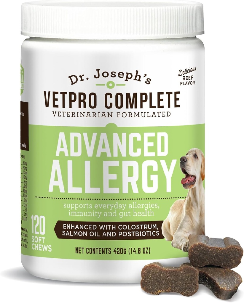 VetPro Advanced Allergy and Itch Support for Dogs - Stöder säsongsallergier, Itchy Skin, & Immunity - Förbättrad med laxolja, probiotika och Colostrum för allergier, immunstöd, & Gut Health