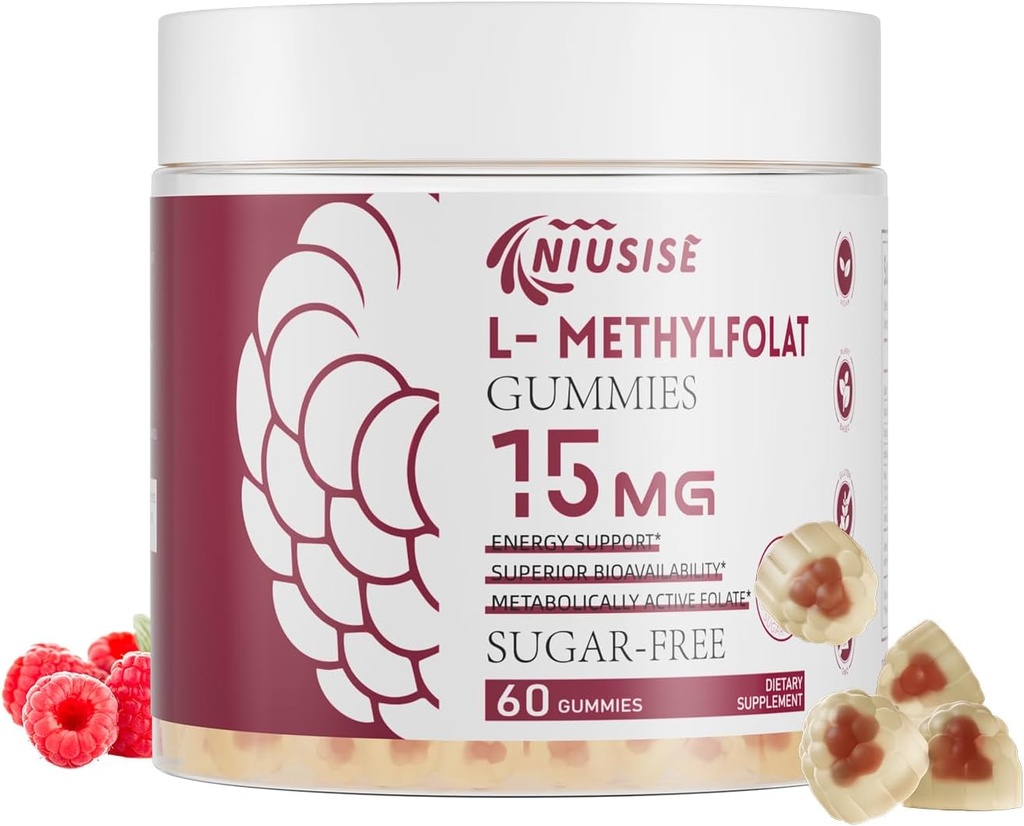 L-Methylfolate 15mg Gummies for Adult, Sugar Free Gummies hjälper till att förbättra energi, hjärnfunktion - Aktiv folsyra och vitamin B12 Supplement för immunstöd, icke-GMO, Gluten Free