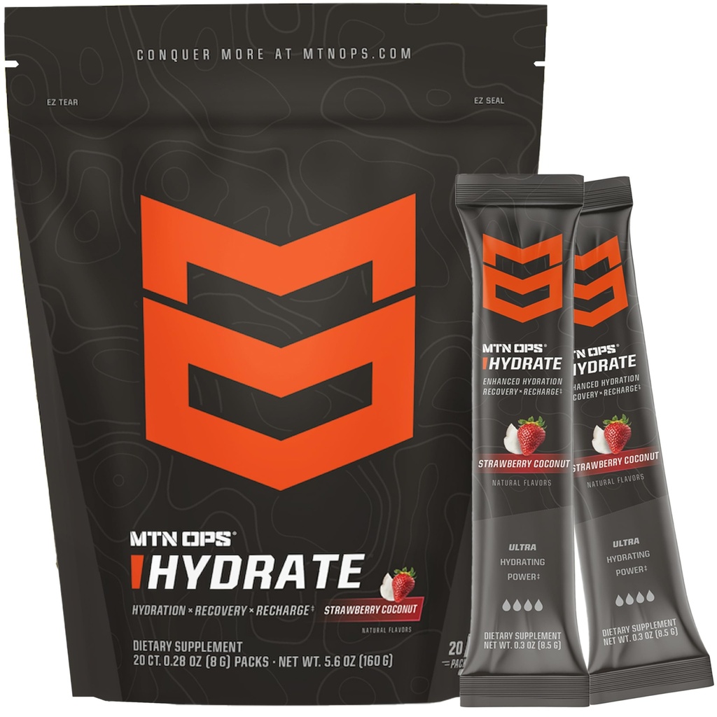 MTN OPS Hydrate Electrolytes Powder Drink Mix, 20 Single Single Serving On-Go Electrolyte Packia, joissa on yli 1000 mg electrolytes per Serving, Mansikkakookospähkinä