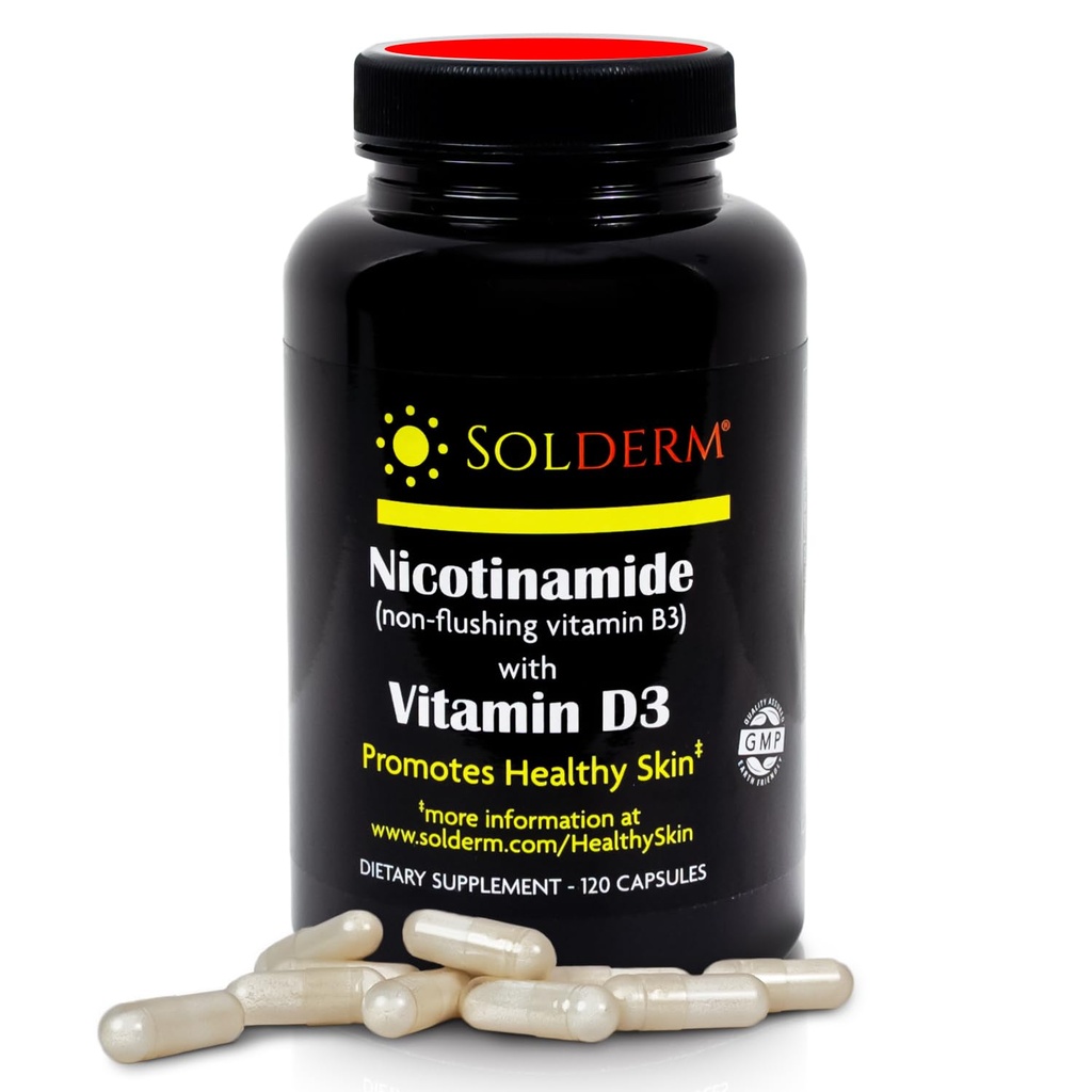 Nikotinamid Non-Flushing Vitamin B3 och D3 Supplement | Vegetarisk och glutenfri oral Nikotinamid Supplement med grönsaks cellulosa Casings | Främjar hälsosam hud | 60 kapslar | 500mg