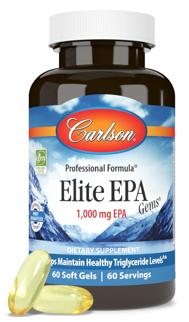 Carlson - Elite EPA Gems, 1000 mg EPA Fish Oil, Wild-Caught, Norwegian Fish Oil Supplement, kestävästi lähde, auttaa säilyttämään terve Triglyseridi tasoilla, 60 Softgels