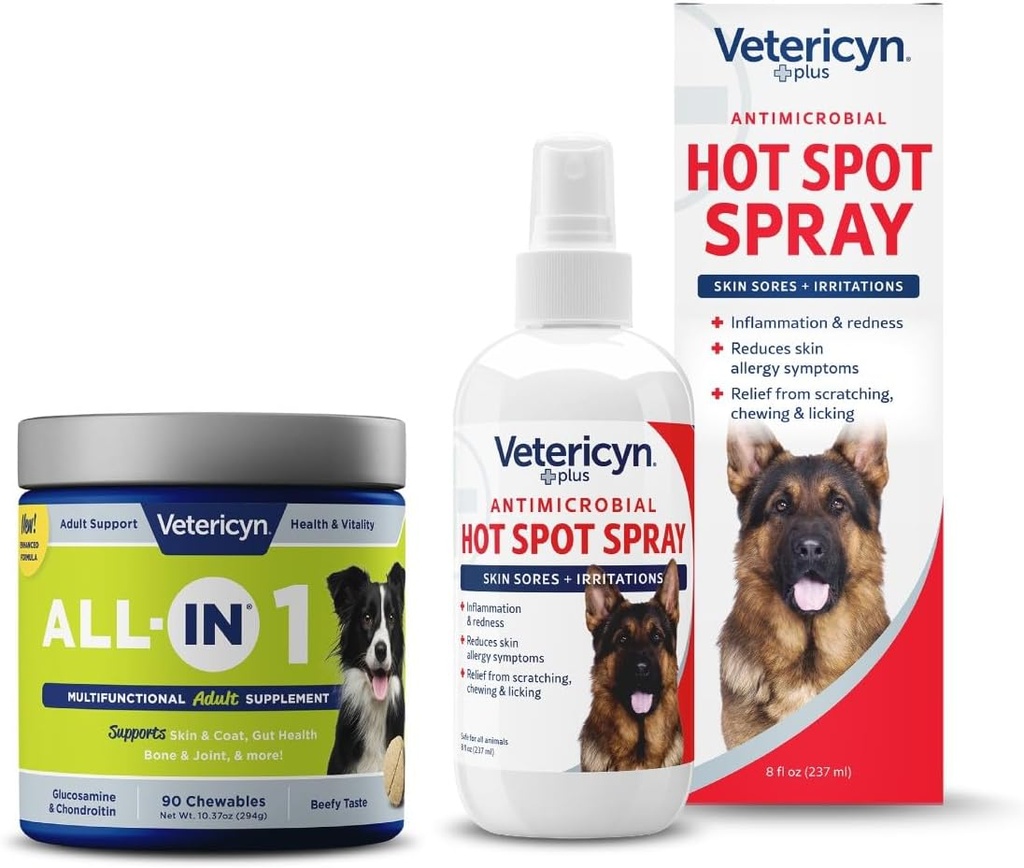 Vetericyn All-in 1 Monitoiminen koira täydentää ja Vetericyn Plus Hot Spot Spray