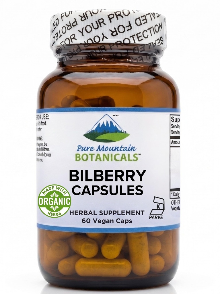 Puhdas Mountain Botanicals Mustikkauuteen täydennys Vegaani Kosher Kapselit 250 mg Organic Bilberry Leaf & 50 mg Potent ote Billberry