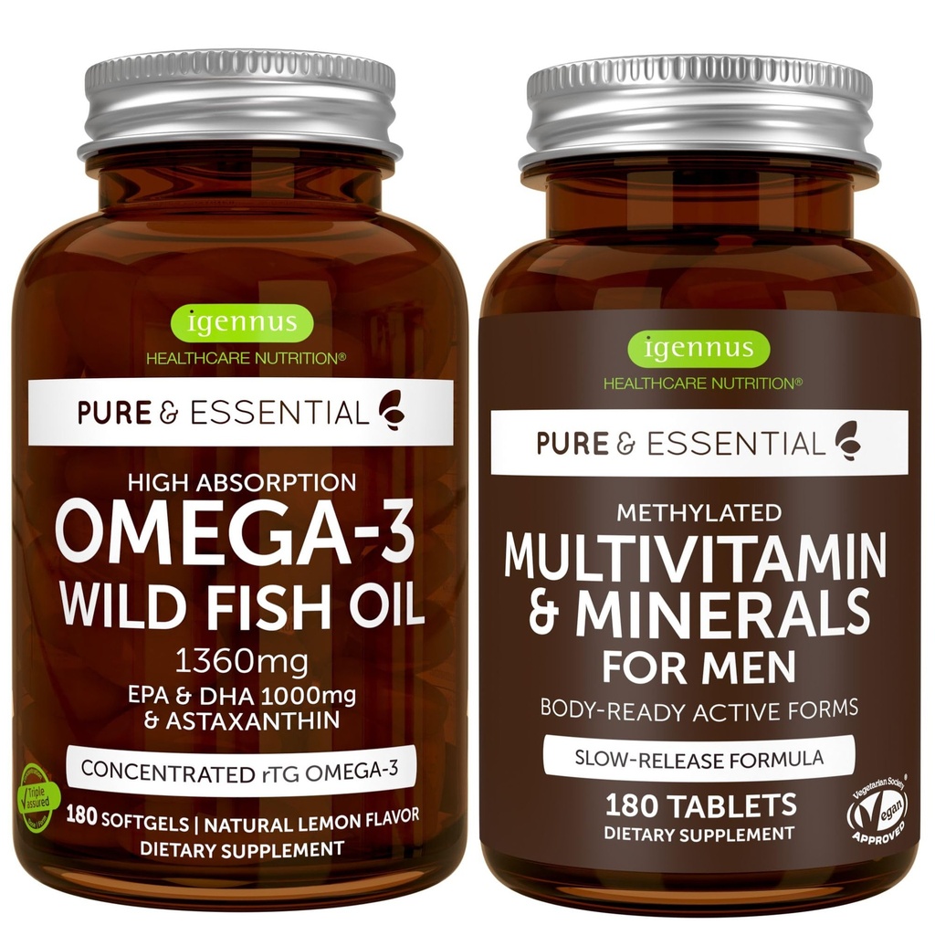 High Absorption Omega-3 Wild Fish Oil + Methylated Mäns Multivitamin Bundle, 1000mg EPA & DHA 180 Softgels + Sustained Release Multivitamin 180 tabletter, av Igennus