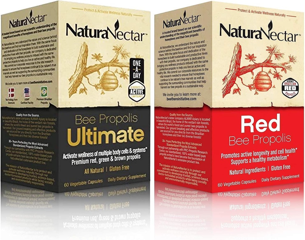 NaturaNectar Natural Bee Propolis Bundle - Bee Propolis Ultimate ja Red Propolis - immuuni- ja hengitysteiden tuki, ja terve aineenvaihdunta - 60 kapselia per pullo