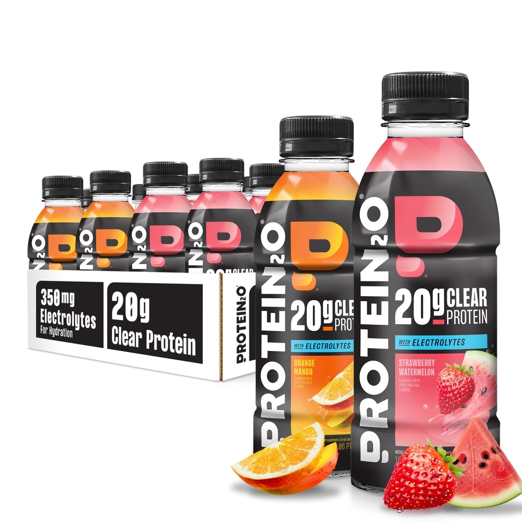 Protein2o Hydration Drink - 2-in-1 Liquid Clear Whey Protein Isolate ja Electrolyte Drink - 20g Protein, Vitamiinit B5, B6 - Post-workout Recovery - 16,9 Fl Oz - 12 Count Variety Pack