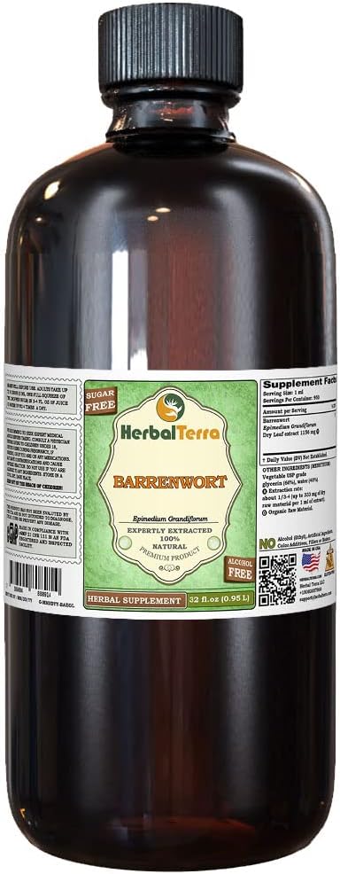 Barrenwort (Epimedium grandiflorum) Glyseriitti, kuivatut lehdet Alkoholiton nesteuute (Brandin nimi: HerbalTerra, ylpeänä valmistettu Yhdysvalloissa) 32 fl.oz (0,95 l)