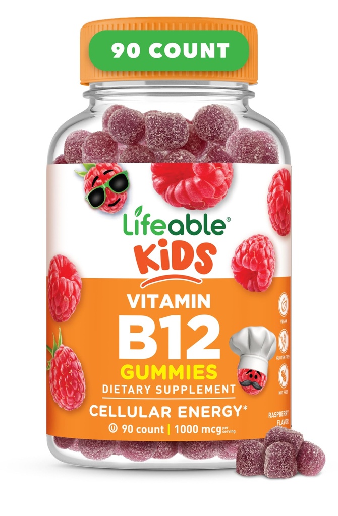 Livlig vitamin B12 för barn | 1000 mcg | Great Tasting Vitamin B12 Gummies | Gluten Free, Vegan B12 Vitaminer | B12 Vitaminer för energi, humör och nervsystem Support | 90 Gummies