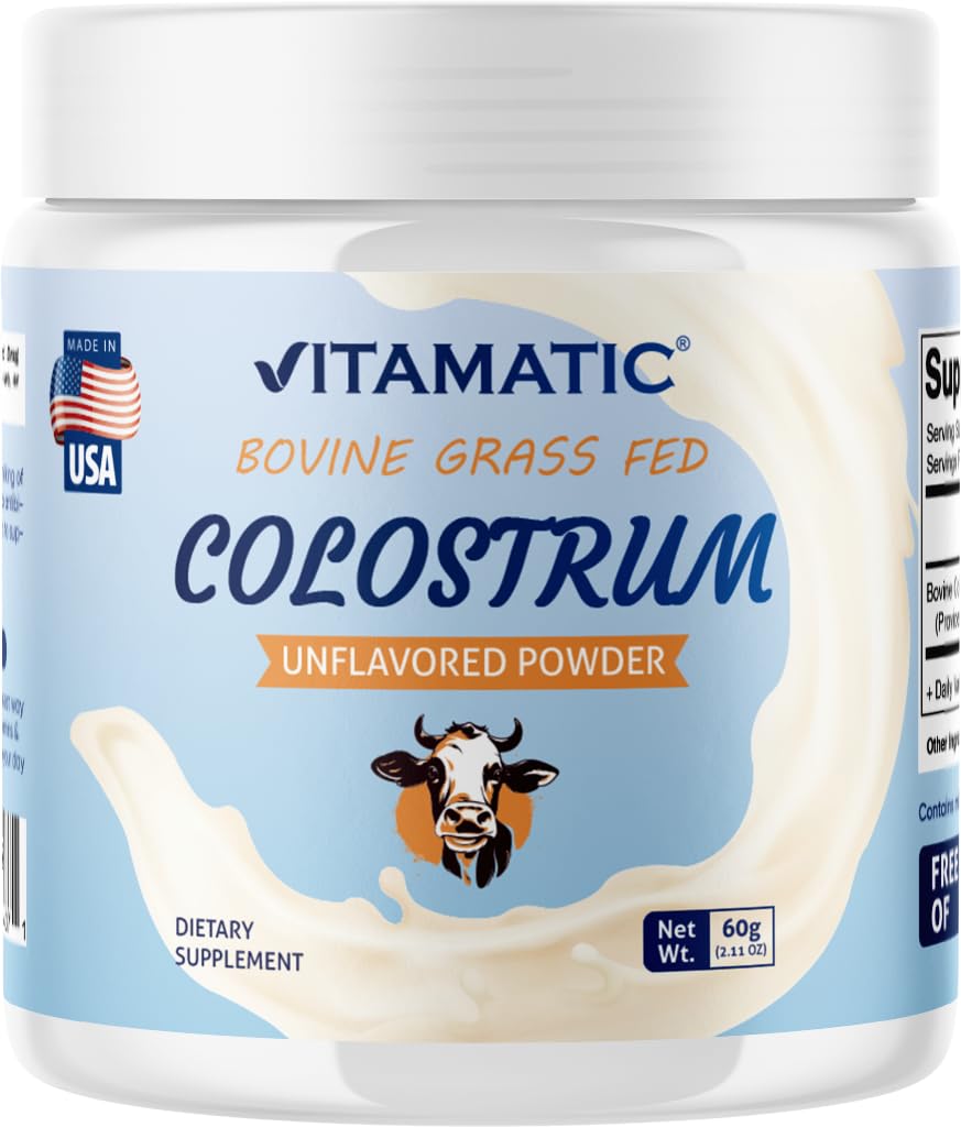 Vitamatic Bovine Colostrum 30% IgG Powder - Tillägg för tarmhälsa, hårväxt, skönhet, muskelåterhämtning och immunstöd - lätt att blanda - 60 Gram (30 portioner, osmakad)