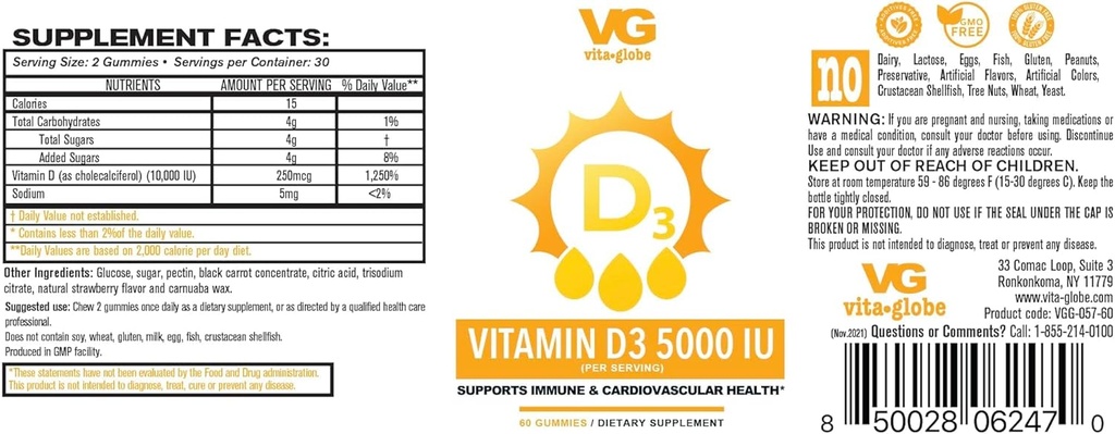 VITA GLOBE D3-vitamiini 10 000 IU sinkki ja Echinacea Gummy - tukee tervettä immuunijärjestelmää, vahva luut, hampaat ja lihakset, 120 Count (2-pakkaus)
