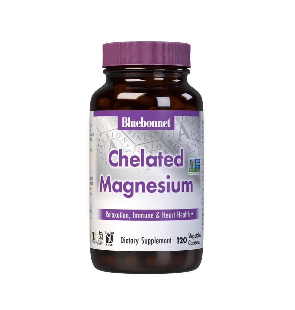 Bluebonnet Nutrition Albion Celated Magnesium Vihanneskapseli, 200 mg, Stress Relief, Vegan, Ei GMO:ita, Gluteeniton, soijaton, Milk Free, Kosher, 120 Vihanneskapseli, 2 kuukauden tarjonta