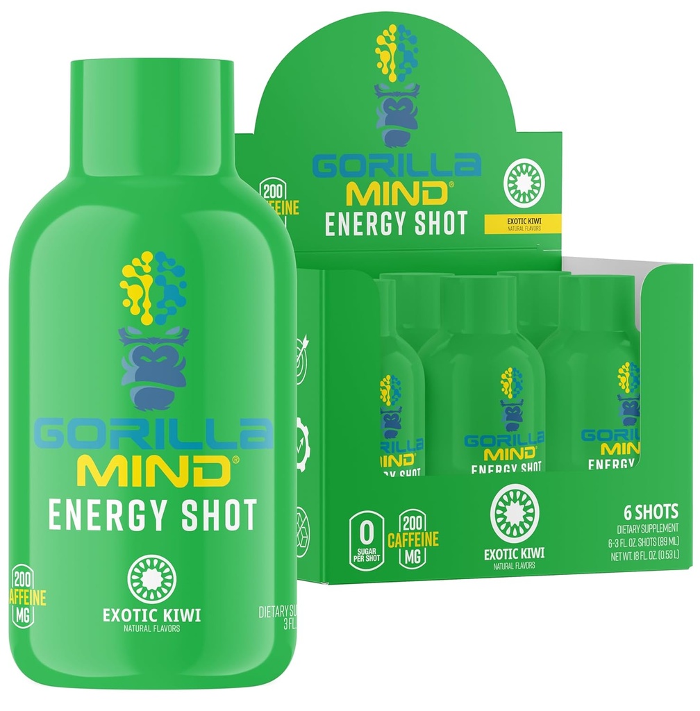 Gorilla Mind Energy Shots (Pack of 6) - Förbättrad fokus och energi, sockerfri, snabbverkande, potent formel med vitaminer och naturliga extrakt (exotisk Kiwi)
