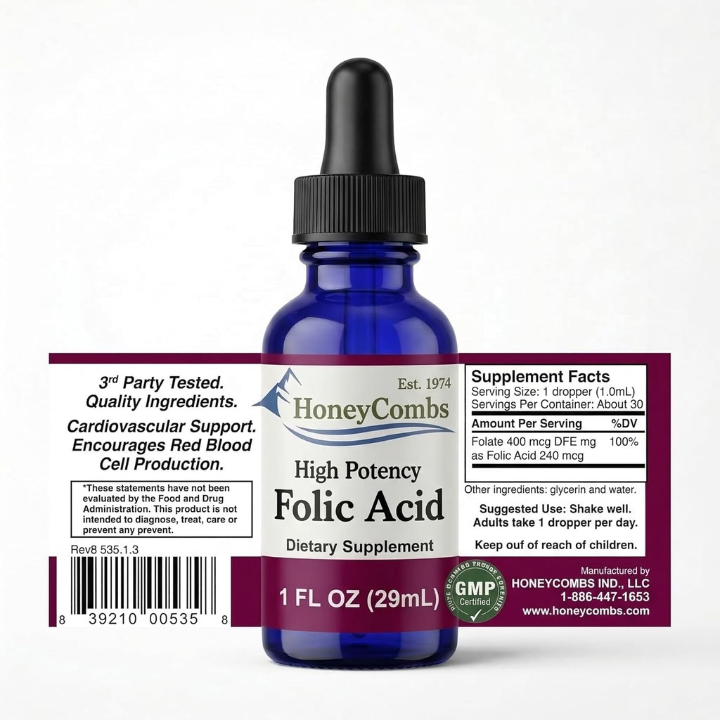 HoneyCombs Vitamin B9 Liquid Drops - High Potency Liquid Vitamin B9 Folic Acid Supplement för kvinnor - Håll hälsosam lever, graviditet och övergripande hälsa - Cold Pressed Vegan Vitamins Drops (1 Fl oz)