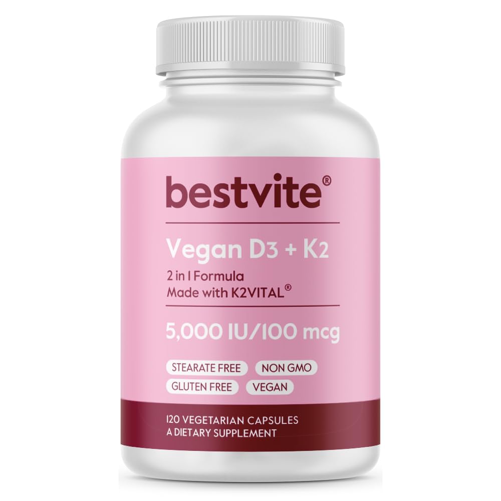 BESTVITE Vegan Vitamin D3 5000 IE + Vitamin K2 100 mcg som MK-7 (120 Vegetariska kapslar) - No Stearates - Vegan - Non GMO - Gluten Free