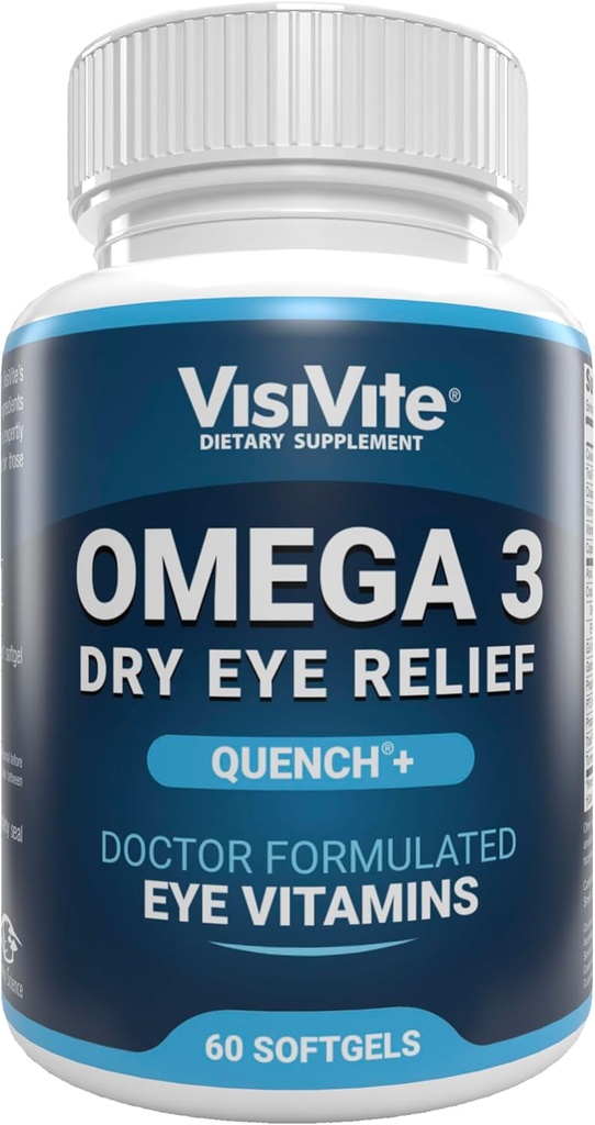 Omega 3 Dry Eye lisäravinteet EPA ja DHA - VisiVite Dry Eye Relief Qunch+ Silmävitamiinit kuiville silmille Omega 3 täydennysosa - Kuivat silmä vitamiinit Valmistettu Omega 3 kalaöljy - 60 Softgels.