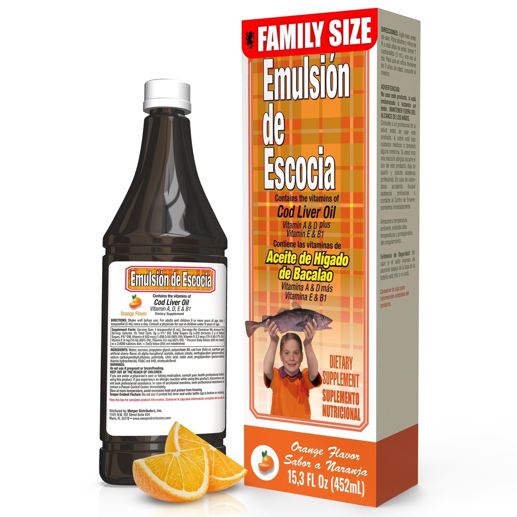 EMULSION DE ESCOCIA Cod Liver Oil, Dietary Supplement, Vitamiineja A, B1, D ja E, Immunojärjestelmän tuki, Orange Flavor (15.3 Fl Oz / Pack of 1)