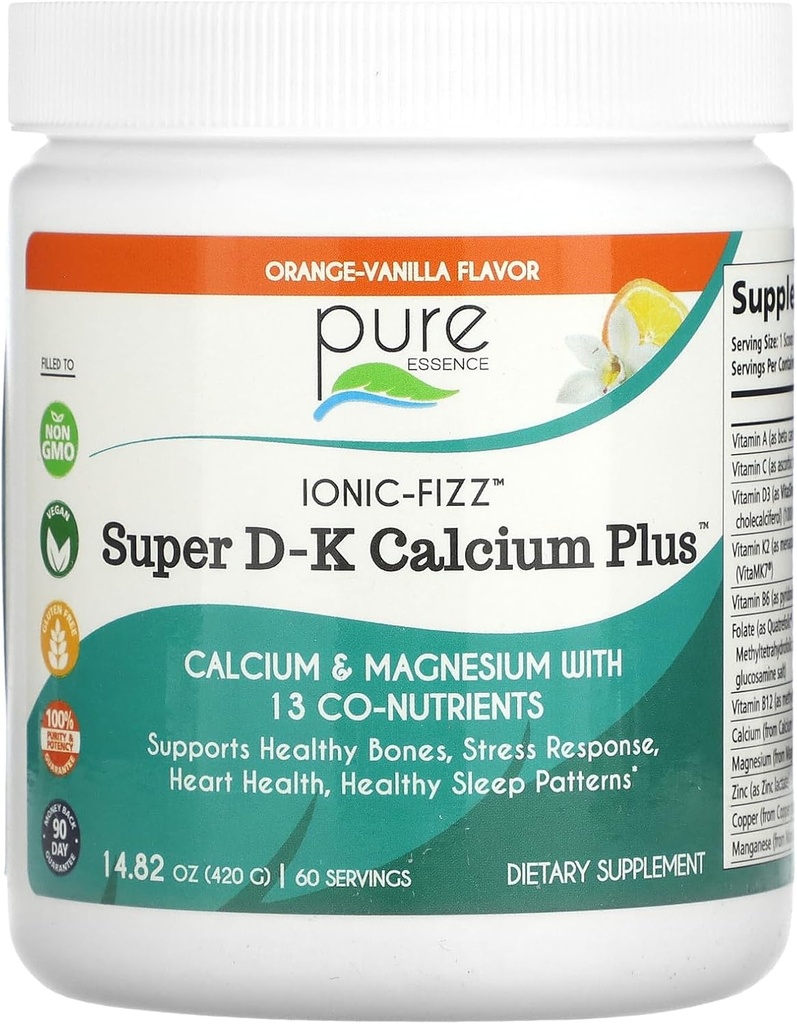 Ionic Fizz Super D-K Calcium Plus Pure Essence - Extra magnesium, D3-vitamiini, K2-vitamiini - Orange vanilja - 14.82oz