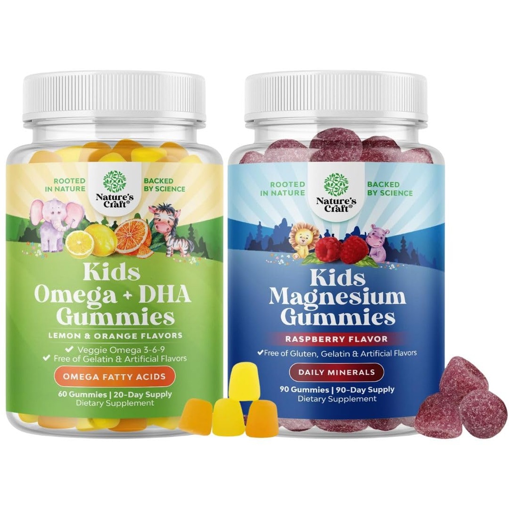 Bundle av Omega DHA Gummies för barn - Fatty Acids Omega 3 6 9 med vitamin C för hjärna, immunitet och vision och barn Magnesium Gummies - Mag Citrate för Nerve Health Muscles & Healthy Heart Support