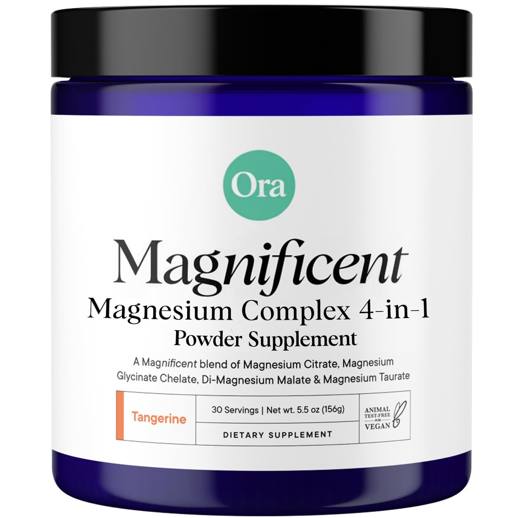 Ora Organic Magnesium Complex Powder Supplement - 4-in-1 Magnesium: Glycinate, Taurate, malaatti & Sitraatti Vegaani, gluteeniton Tangeriini Maku ...
