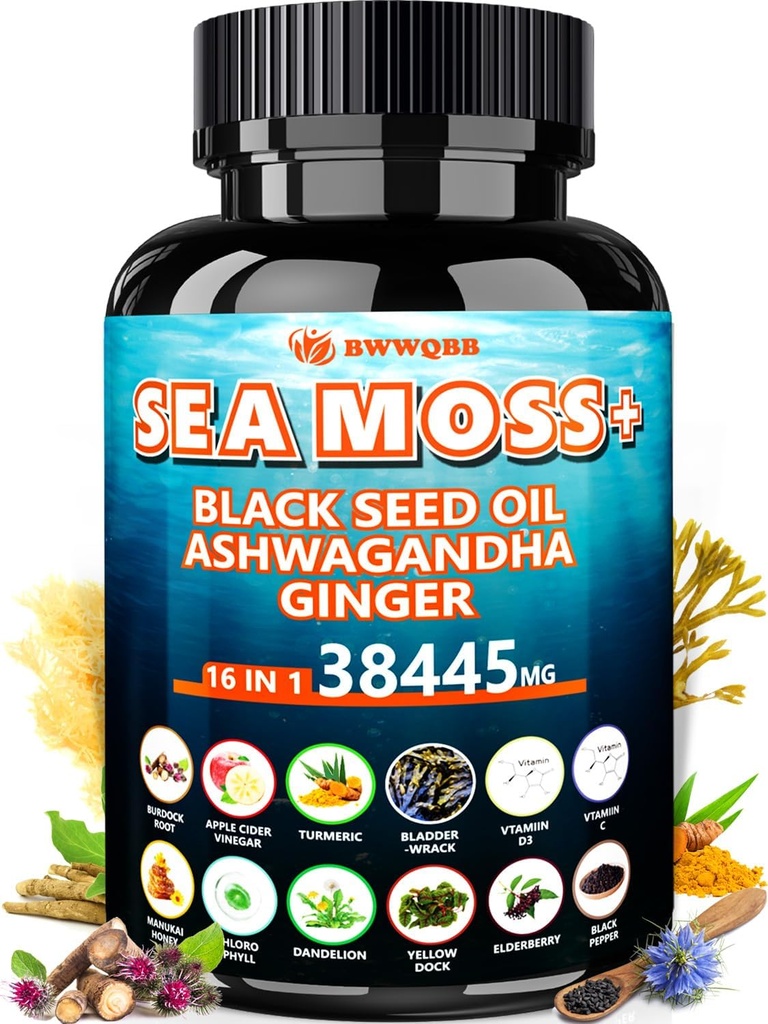 Sea Moss 350mg Musta siemenöljy 200mg Ashwagandha 100mg Turmeric 100mg Rakkoranneke 100mg Burdock 100mg,All-in-1 Sea Moss kapselit-60