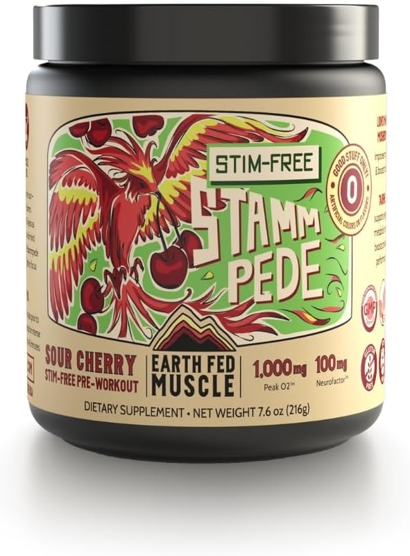 Earth Fed Muscle Stammpede Sour Cherry Pre workout Powder for Men & Women, Pre workout No Comfeine, Vegan & Gluteeniton, Boosts Focus & Endurance, Lion