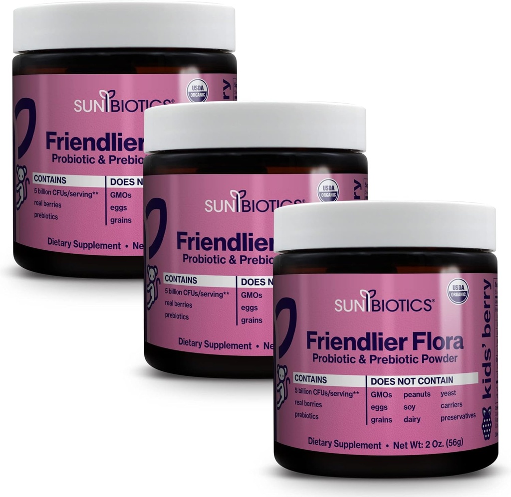 SUNBIOTICS Friendlier Flora - Kids Prebiotic och Probiotic Powder Supplement med 5 miljarder CFUs av 5 Probiotiska stammar för Good Gut Flora, Immune System och Balanced Microbiome - Berry, (Pack of 3)