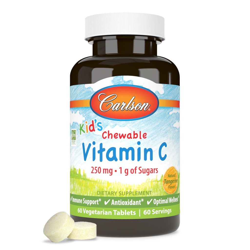 Carlson - Pennun pureskeltava C-vitamiini, 250 mg, 1 g sokeria, immuunituki & Optimaalinen hyvinvointi, antioksidantti, tangeriini, 60 kasvistablettia