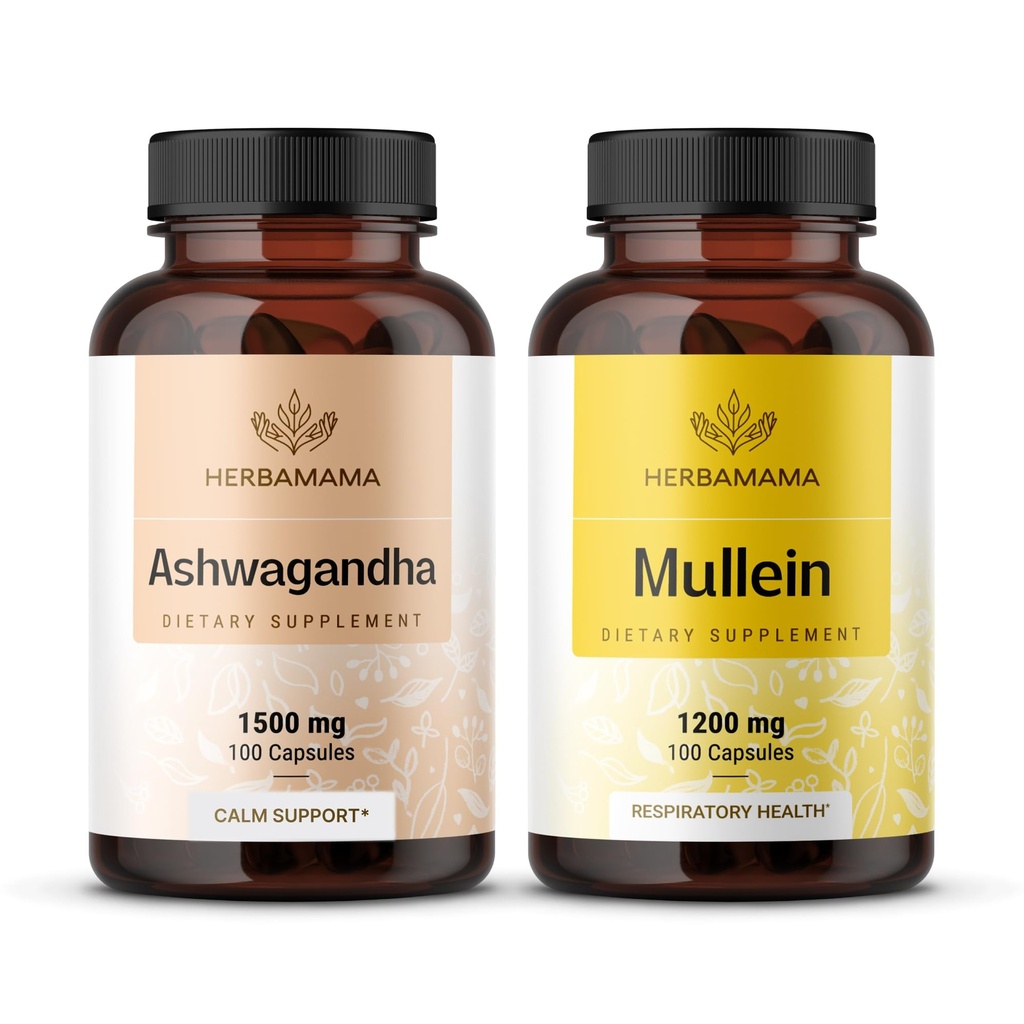 HERBAMA Ashwagandha ja Müllein Kit - Bundle of 1500 mg Ashwagandha Root & 1200 mg Mullein Leaf Capsules 100 Caps - Vegaani, ei- gammageeninen, sokeri ja alkoholiton - 2 Pack