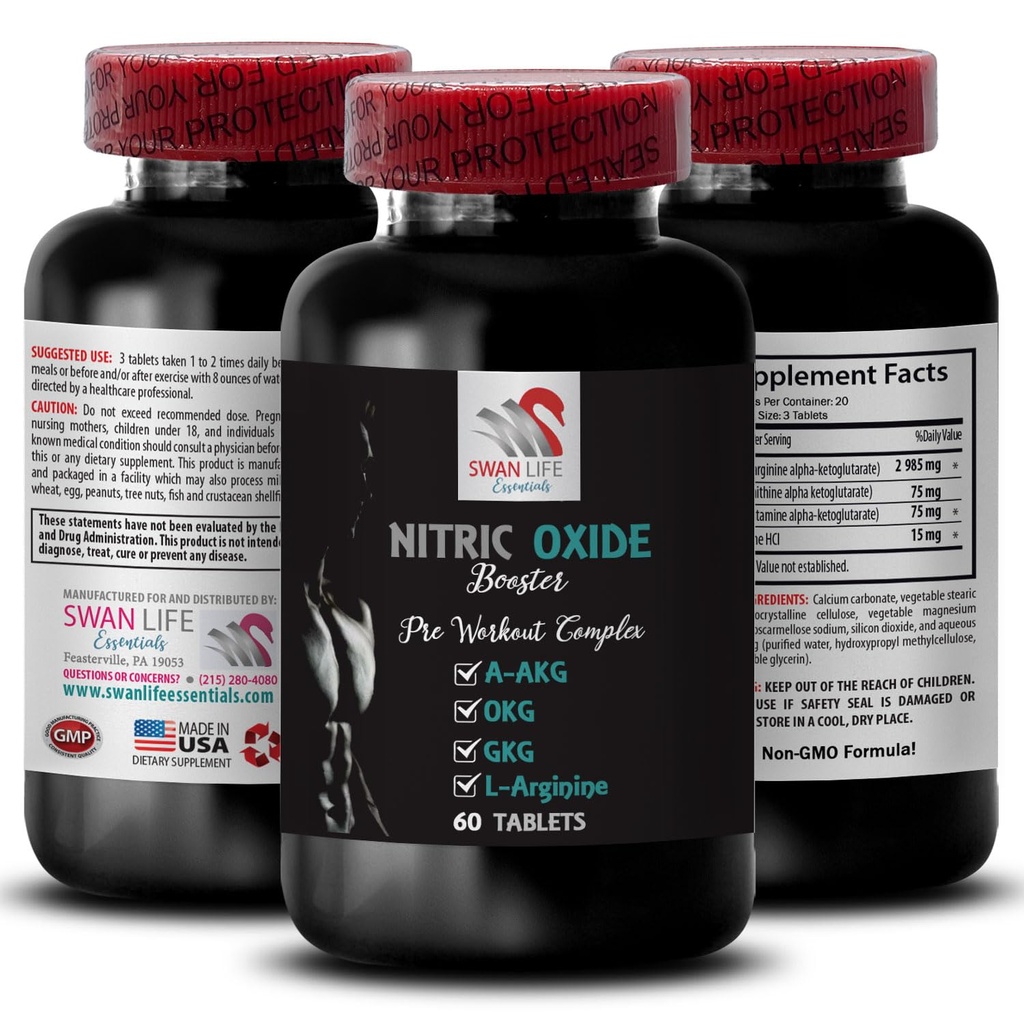 A-AKG, Nitric Oxide - Nitric Oxide Booster - Motion Supplement, Power Boost, Strength Enhancer, Endurance Mix, Stamina Increase, Performance Booster, Recovery Formula, Muscle Focus 1 Bottle 60 Tabs