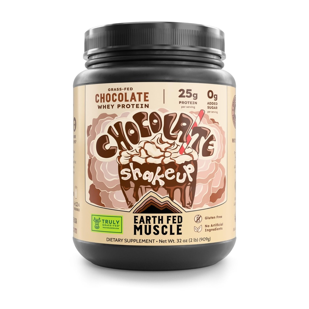 Earth Fed Muscle Chocolate Shakeup Todella Grass Fed Whey Protein Isolate NSF-sertifioitu. Ei keinotekoisia ainesosia, soijaton, gluteeniton, ei GMO:ita ja hormoniton (2 punta, 29 tarjoilua, suklaa)