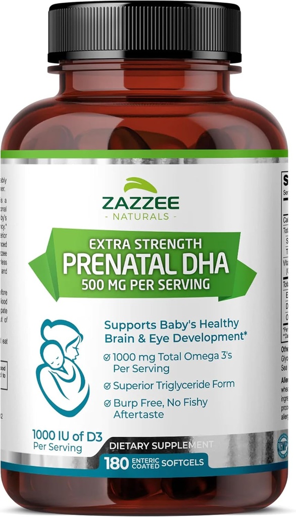 Zazzee Extra Strength Prenatal DHA 500 mg, 180 Enteroc coated Softgels, 1000 mg Omega 3