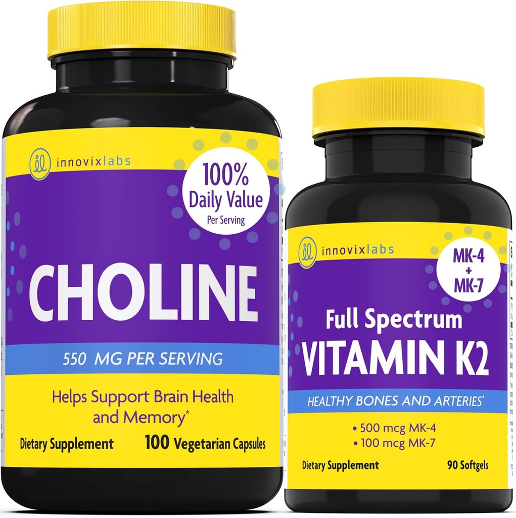 InnovixLabs Koliini & K2- vitamiini Bundle Koliinibitartraatti 550 mg (100 kapselia) Täysspektri K2- vitamiini (90 Softgelia). Tukee muistia, mielialaa, aivoterveyttä ja kognitiivisuutta.*