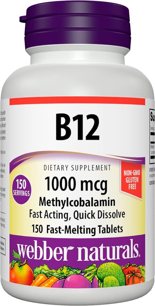 Webber Naturals B12 1000 mikrog, 150 mikrog, nopeasti liuottavat tabletit, vitamiini täydentää tukea energian aineenvaihdunta, immuuni ja sydän terveys, kasvisruokaa Formula, 150 päivän tarjonta