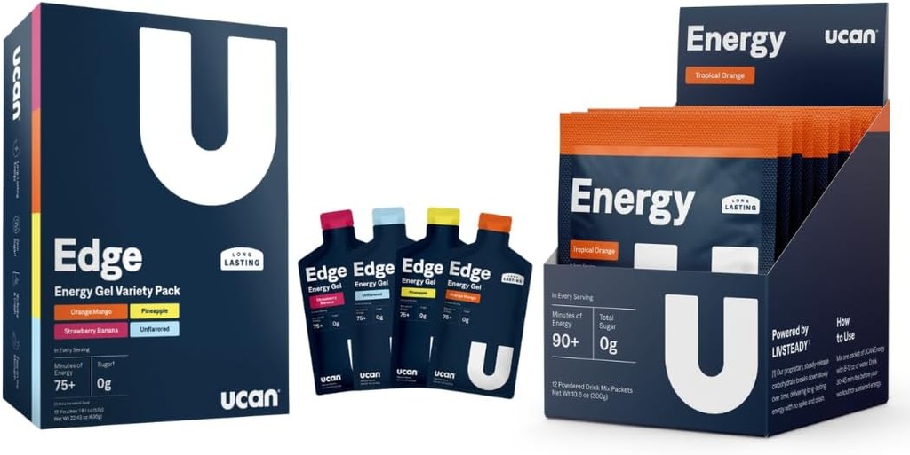 UCAN Training Starter Pack, Edge Energy Gel Variety Pack, Energy Powder Tropical Orange, Pre & Post Workout för män och kvinnor | Vegan, Keto Friendly