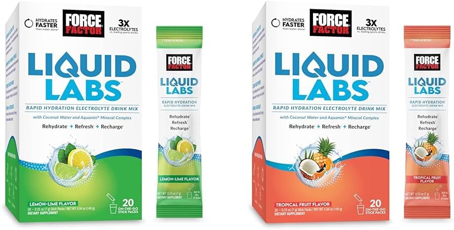 Bundle FORCE FACTOR Liquid Labs Electrolytes Powder, Hydraation Packets tehdä Electrolyte vettä vitamiineja, Minerals, ja antioksidantteja. Lemon-Lime Maku + Trooppiset hedelmät maku, 40 Stick Packs