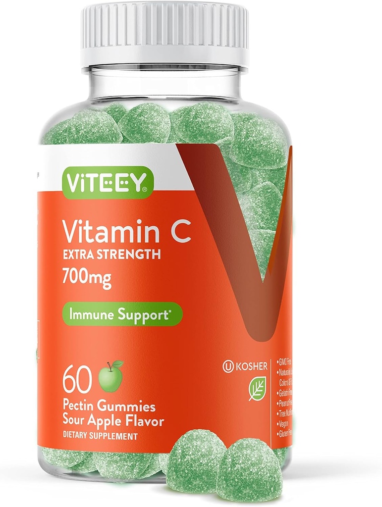 Viteey Pureskeltava C-vitamiini Gummies aikuisille - 700 mg Extra Strength Immunosupport Supplement - Vegaani, Gluteeniton - 60