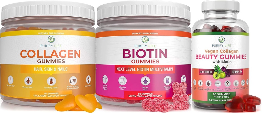 Puhdista Life Marine Collagen, Biotin, & Vegan Collagen Bundle, Gummies for hiukset iho ja kynnet (Bulk - 90 purukumia), Joint Care vitamiini, immuuni tuki, kauneus, Detox & Cleanse, Korvaa kapselit, pillerit