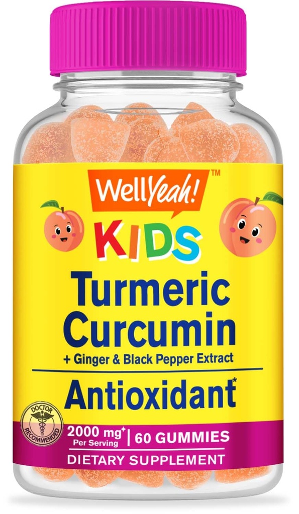 WellYeah Turmeric Curcumin with Black Pepper Gummies for Kids - Natural Immuunituki, nivel- ja lihasterveys, Ruoansulatusterveys, ja aivojen toiminto - ei-GMO, Vegan, Gluteeniton - 60 kreivi