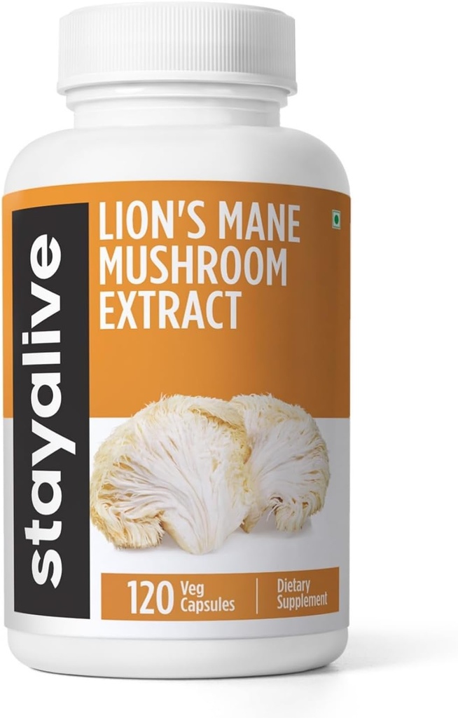STAY ALIVE Lions Mane Supplement kapselit 1000mg, 30:1 uute w/beta Glukaanit, 100% hedelmäliha, Pure Lions Mane Powder miehille ja naisille, 120 pillereitä, ei-GMO & gluteeniton sieni täydentää